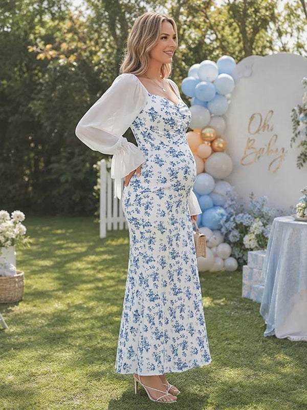 Vestido Premamá Maxi Azul Floral Elegante para Baby Shower