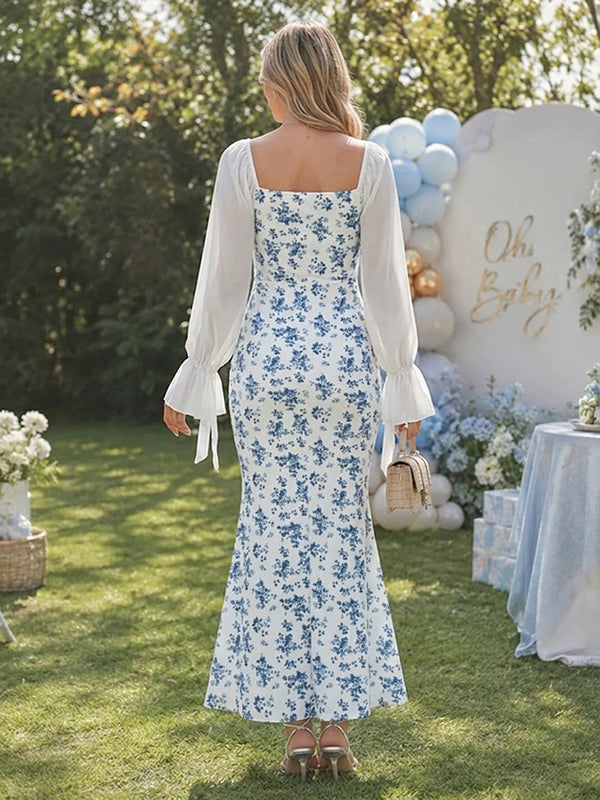 Vestido Premamá Maxi Azul Floral Elegante para Baby Shower