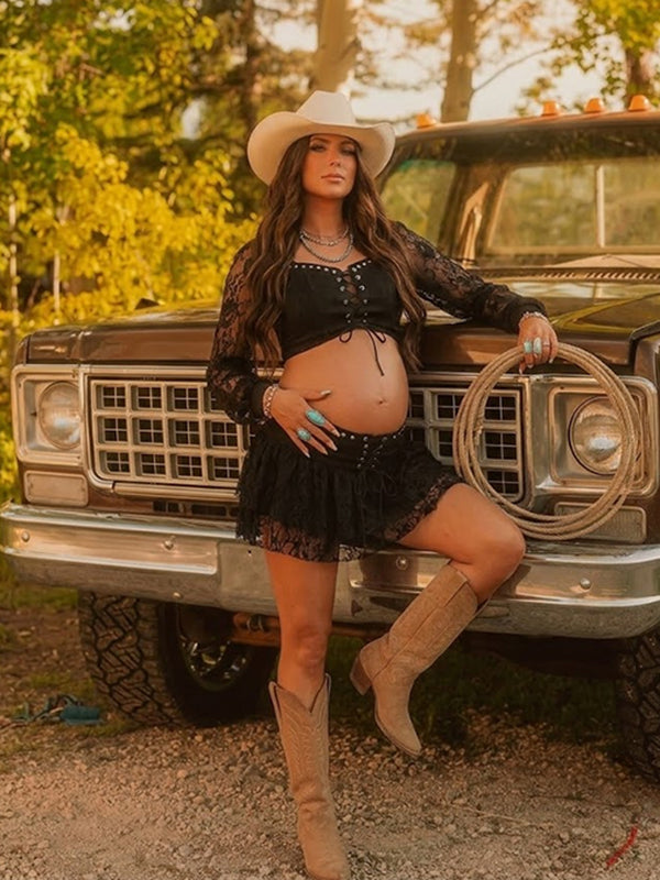 Conjunto Premamá Mini Negro 2 en 1 de Encaje con Lazada