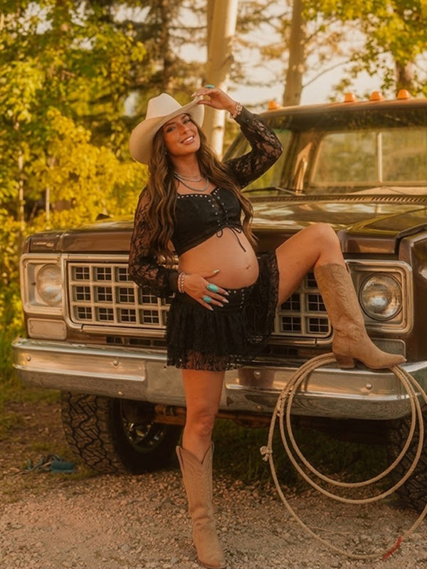 Conjunto Premamá Mini Negro 2 en 1 de Encaje con Lazada