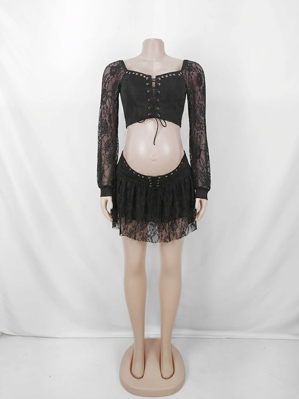 Conjunto Premamá Mini Negro 2 en 1 de Encaje con Lazada