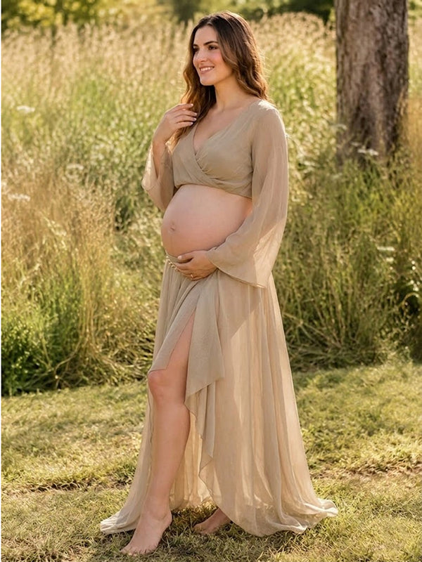 Conjunto Premamá Maxi Caqui 2 en 1 con Abertura Lateral para Sesión de Fotos