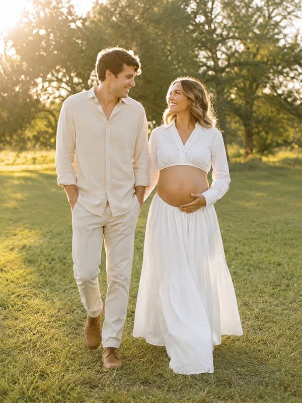 Vestido Premamá Maxi Blanco Elegante con Escote V para Sesión de Fotos