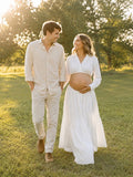 Vestido Premamá Maxi Blanco Elegante con Escote V para Sesión de Fotos