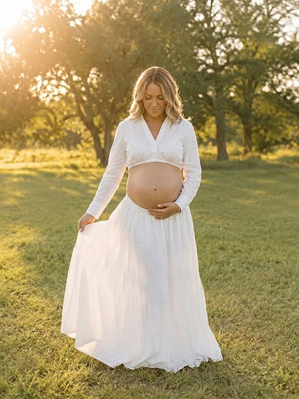 Vestido Premamá Maxi Blanco Elegante con Escote V para Sesión de Fotos