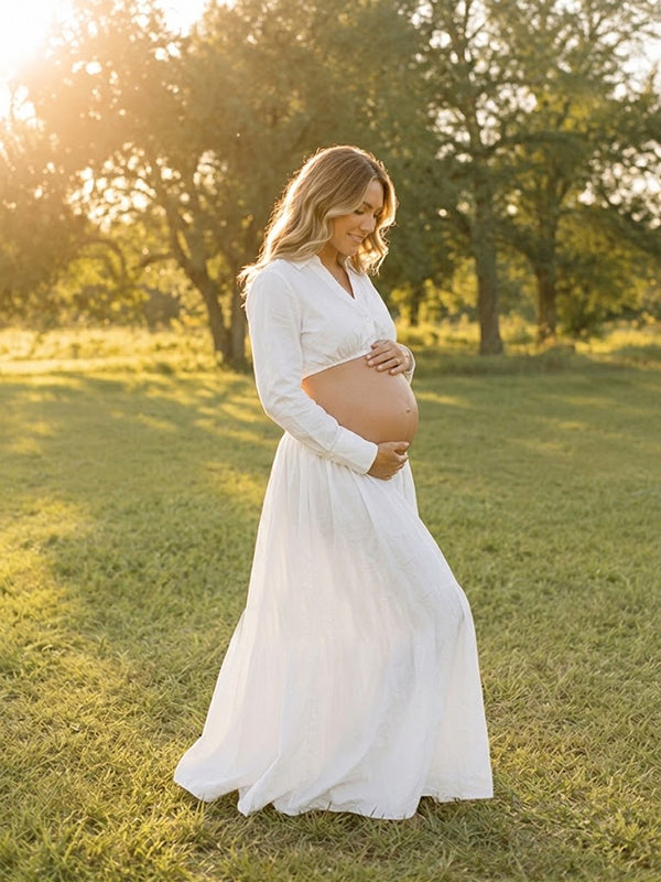 Vestido Premamá Maxi Blanco Elegante con Escote V para Sesión de Fotos