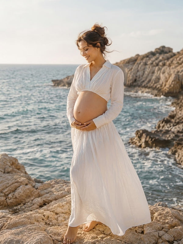 Vestido Premamá Maxi Blanco Elegante con Escote V para Sesión de Fotos