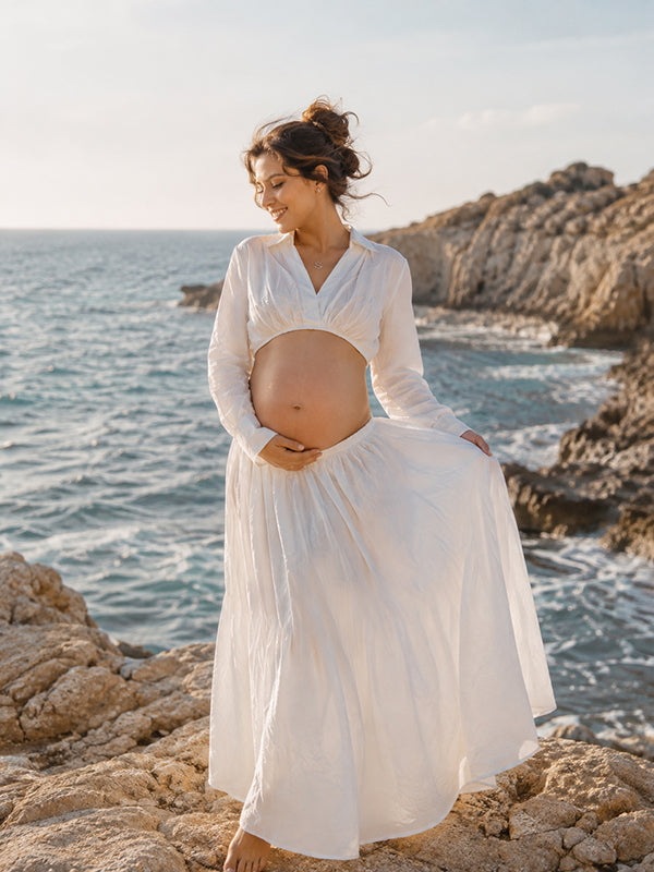 Vestido Premamá Maxi Blanco Elegante con Escote V para Sesión de Fotos