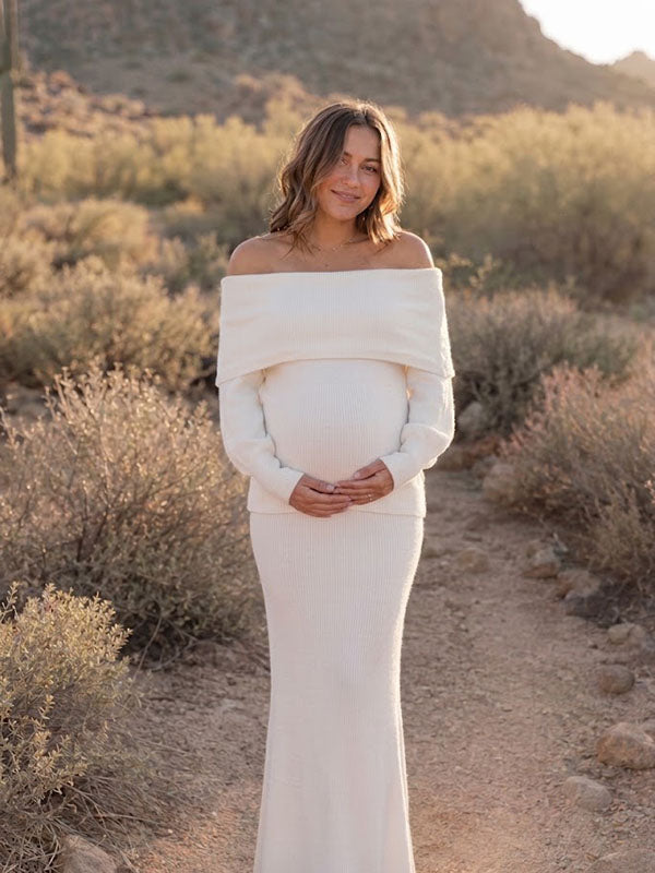 Conjunto Premamá 2 en 1 de Top con Hombros Descubiertos y Falda Maxi