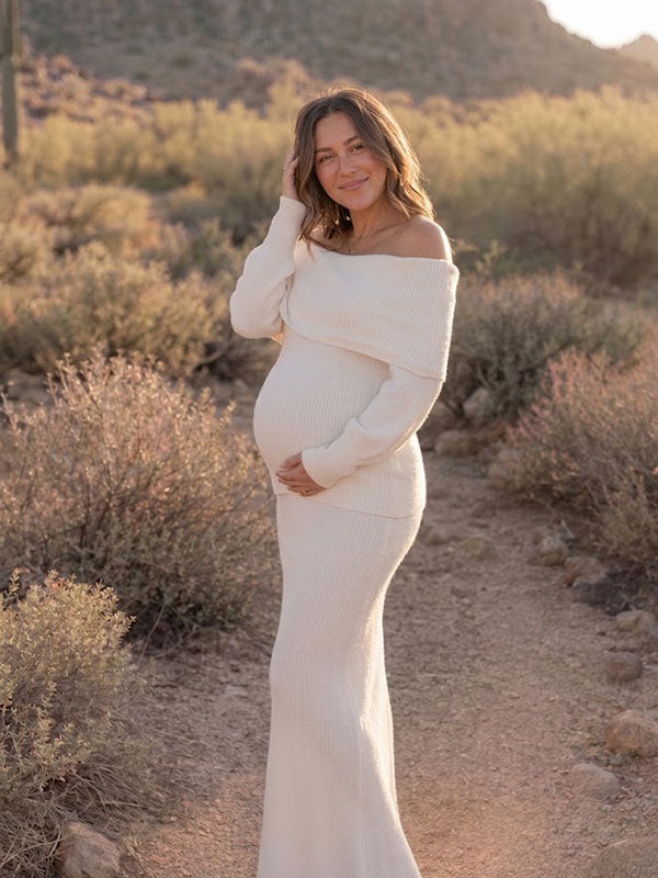 Conjunto Premamá 2 en 1 de Top con Hombros Descubiertos y Falda Maxi