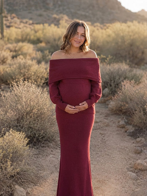 Conjunto Premamá 2 en 1 de Top con Hombros Descubiertos y Falda Maxi