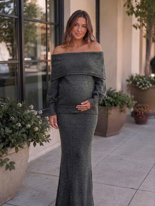 Conjunto Premamá 2 en 1 de Top con Hombros Descubiertos y Falda Maxi