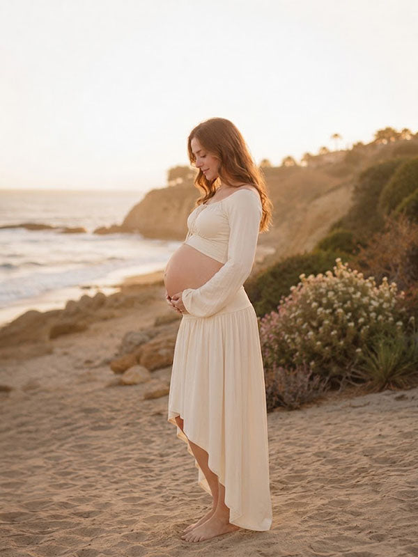 Conjunto Premamá Beige 2 en 1 Asimétrico Midi para Sesión de Fotos