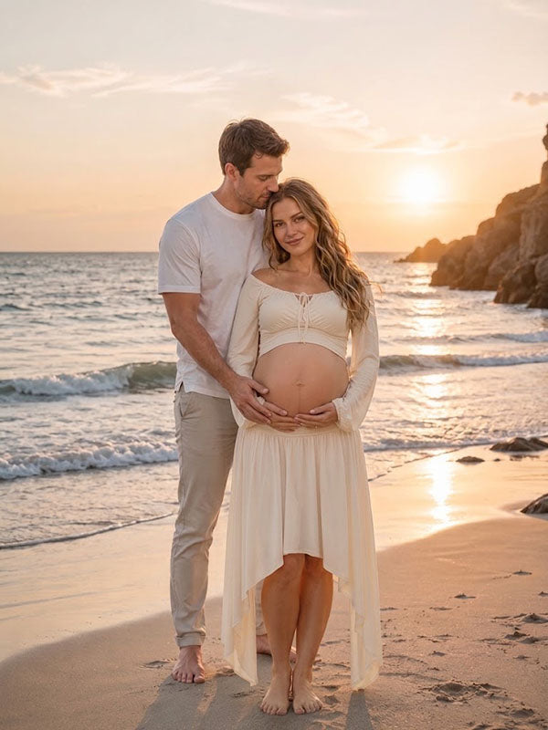 Conjunto Premamá Beige 2 en 1 Asimétrico Midi para Sesión de Fotos