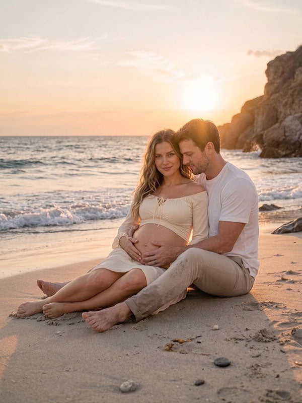Conjunto Premamá Beige 2 en 1 Asimétrico Midi para Sesión de Fotos
