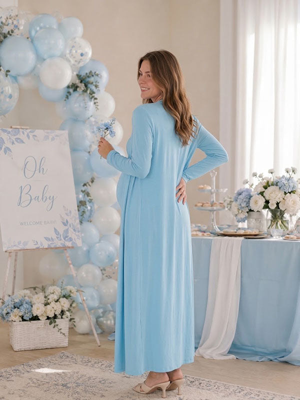 Conjunto Premamá Maxi Azul 2 en 1 con Abertura Lateral para Baby Shower