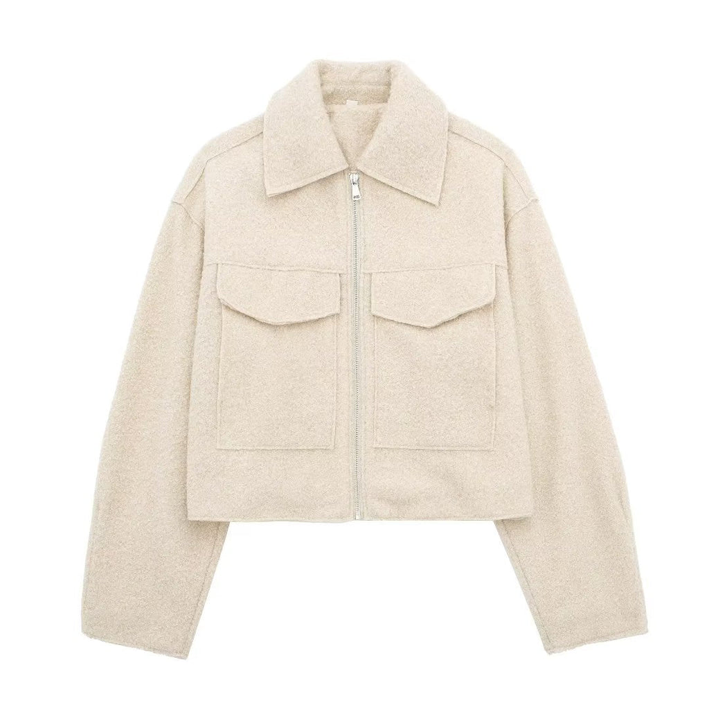 Chaqueta Corta Efecto Lana para Mujer | Cazadora Bouclé con Cremallera y Bolsillos