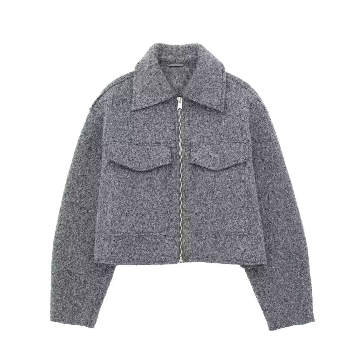 Chaqueta Corta Efecto Lana para Mujer | Cazadora Bouclé con Cremallera y Bolsillos