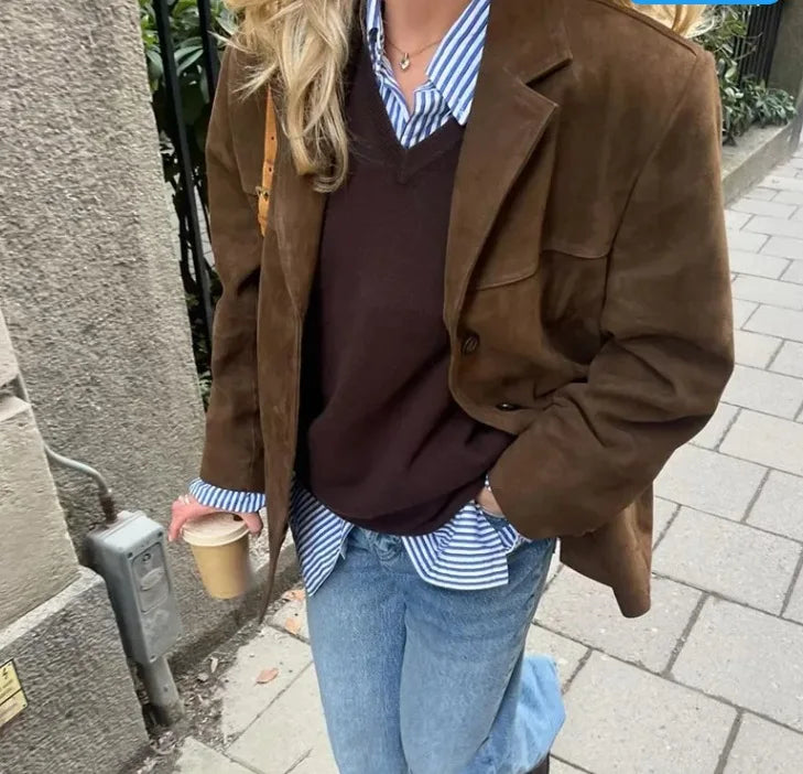 Blazer Efecto Ante para Mujer | Americana de Antelina con Bolsillos de Solapa