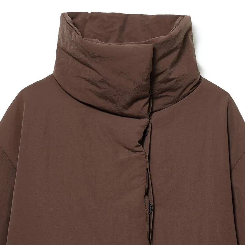 Chaqueta Acolchada Corta Marrón para Mujer | Chaquetón Cuello Alto con Cordón
