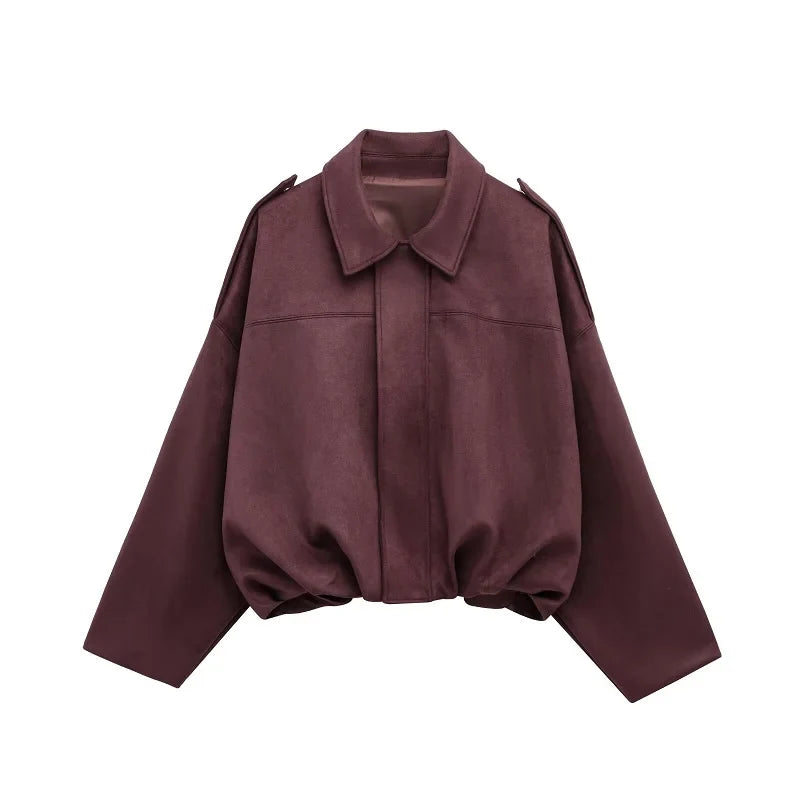 Chaqueta Bomber de Ante Sintético para Mujer | Oversize con Cuello Solapa