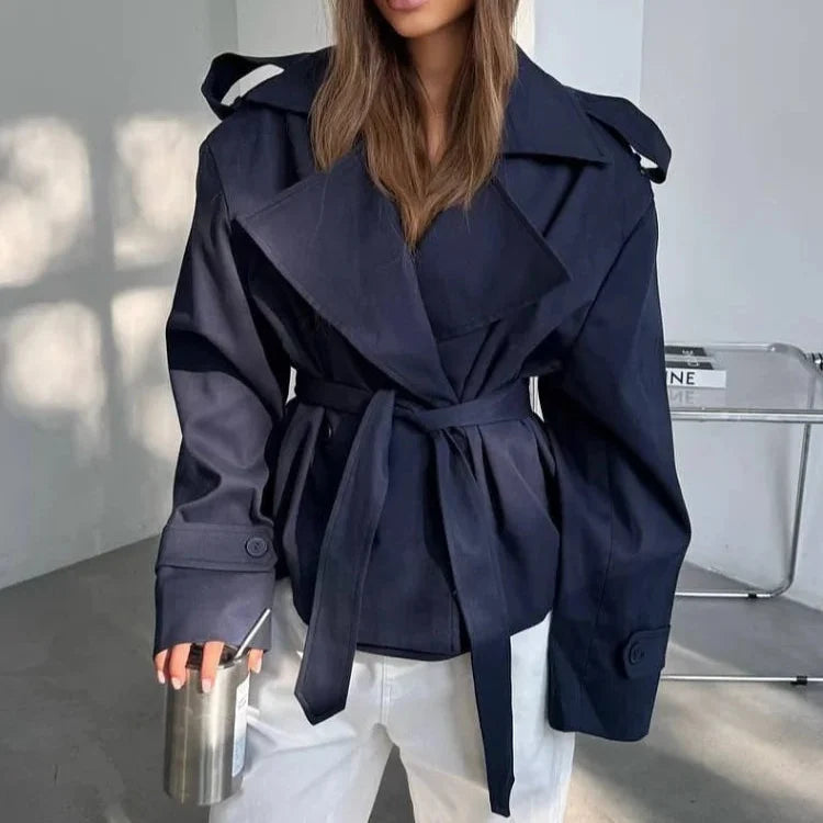 Trench Corto Cruzado para Mujer | Chaquetón de Hombros Anchos con Cordón