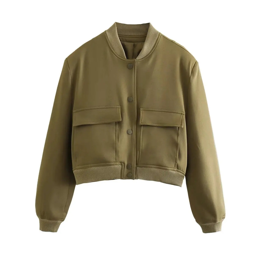 Chaqueta Bomber para Mujer | Cazadora Corta con Bolsillos de Solapa