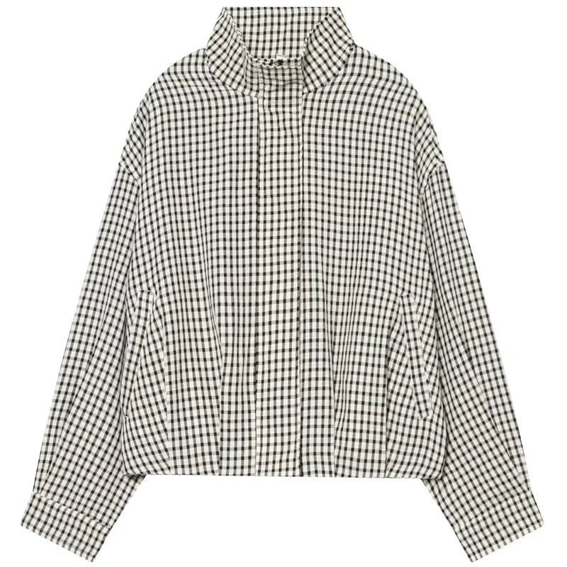 Chaqueta Bomber de Cuadros para Mujer | Oversize Crop de Manga Larga