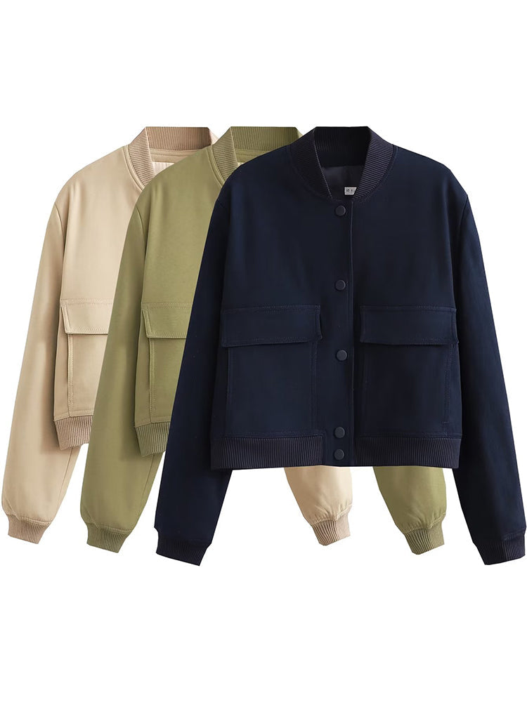 Chaqueta Bomber para Mujer | Cazadora Corta con Bolsillos de Solapa