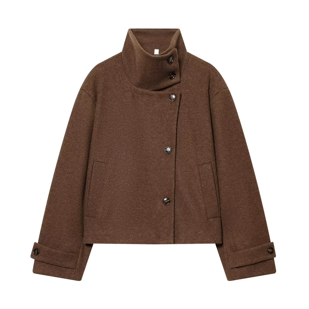 Abrigo Corto de Cuello Alto para Mujer | Chaquetón Efecto Paño con Botones Asimétricos