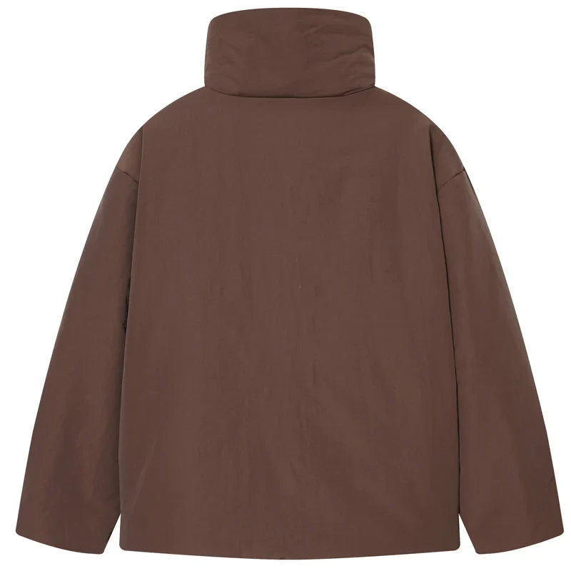 Chaqueta Acolchada Corta Marrón para Mujer | Chaquetón Cuello Alto con Cordón
