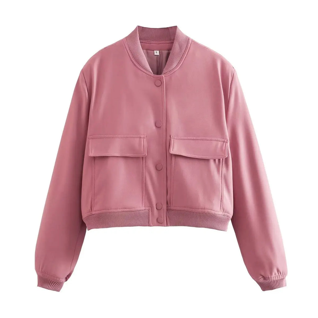 Chaqueta Bomber para Mujer | Cazadora Corta con Bolsillos de Solapa