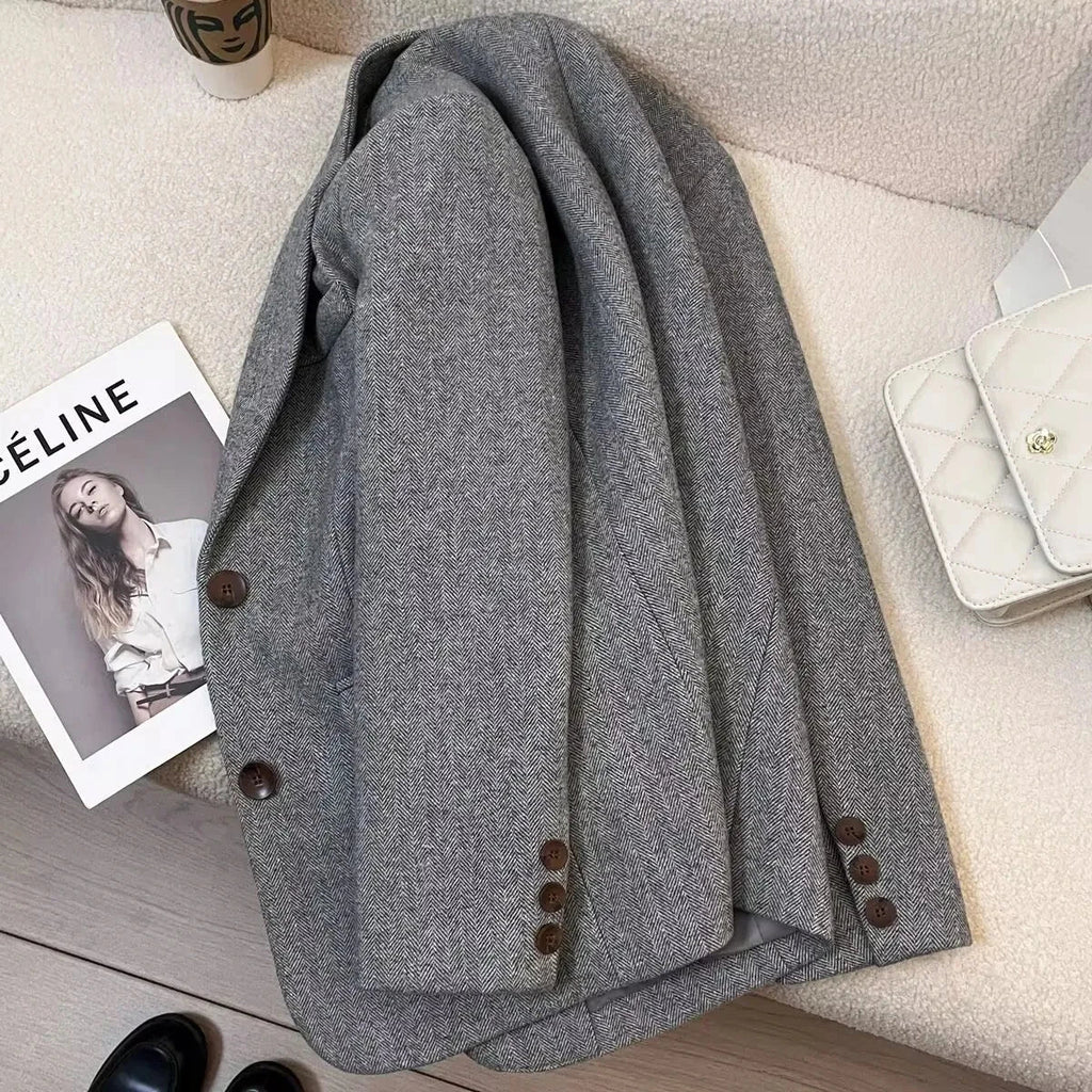 Blazer Gris para Mujer | Americana de Espiga Efecto Lana con Forro