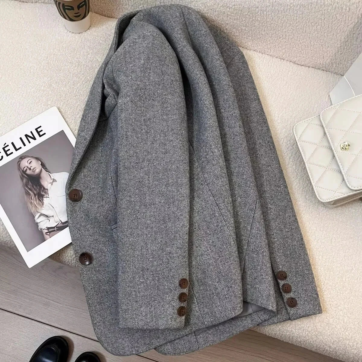 Blazer Gris para Mujer | Americana de Espiga Efecto Lana con Forro