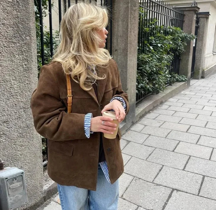Blazer Efecto Ante para Mujer | Americana de Antelina con Bolsillos de Solapa