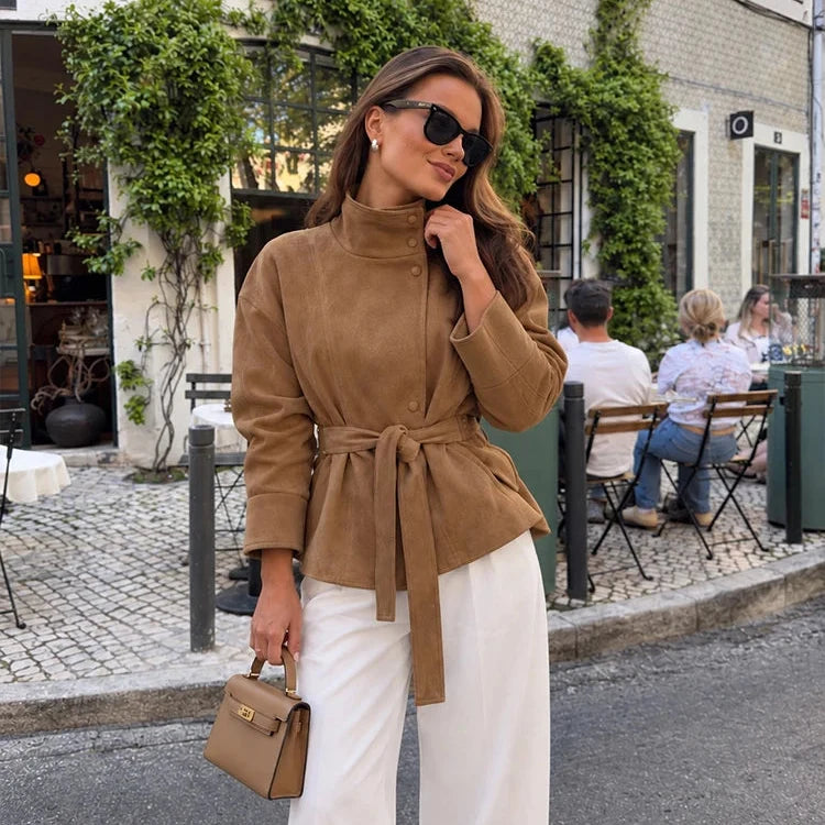 Chaqueta de Antelina para Mujer | Chaqueta Efecto Ante con Cuello Alto y Cinturón
