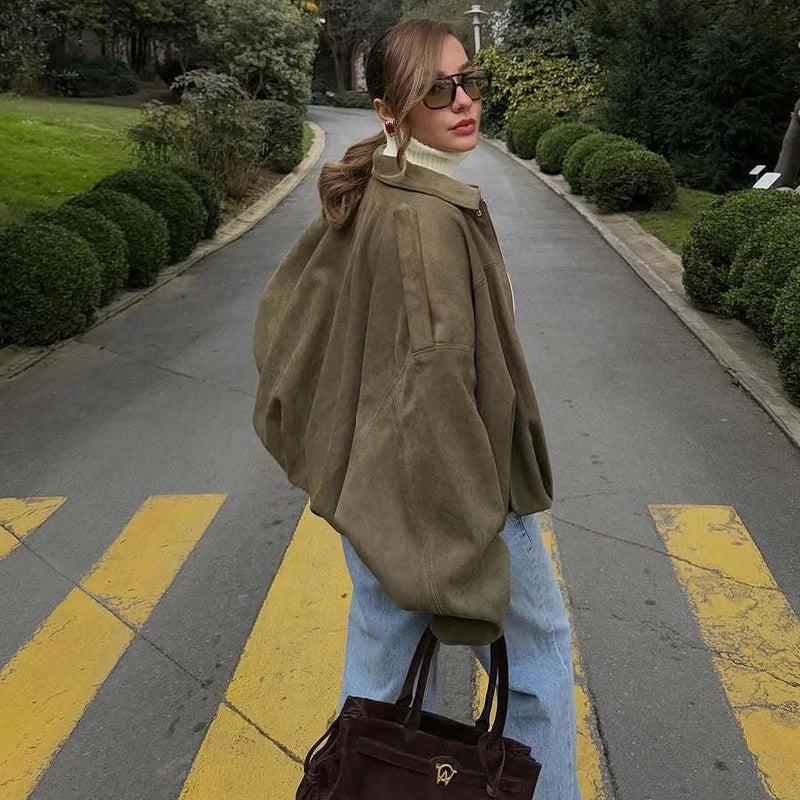 Chaqueta Bomber de Ante Sintético para Mujer | Oversize con Cuello Solapa