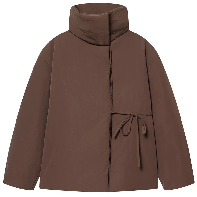 Chaqueta Acolchada Corta Marrón para Mujer | Chaquetón Cuello Alto con Cordón