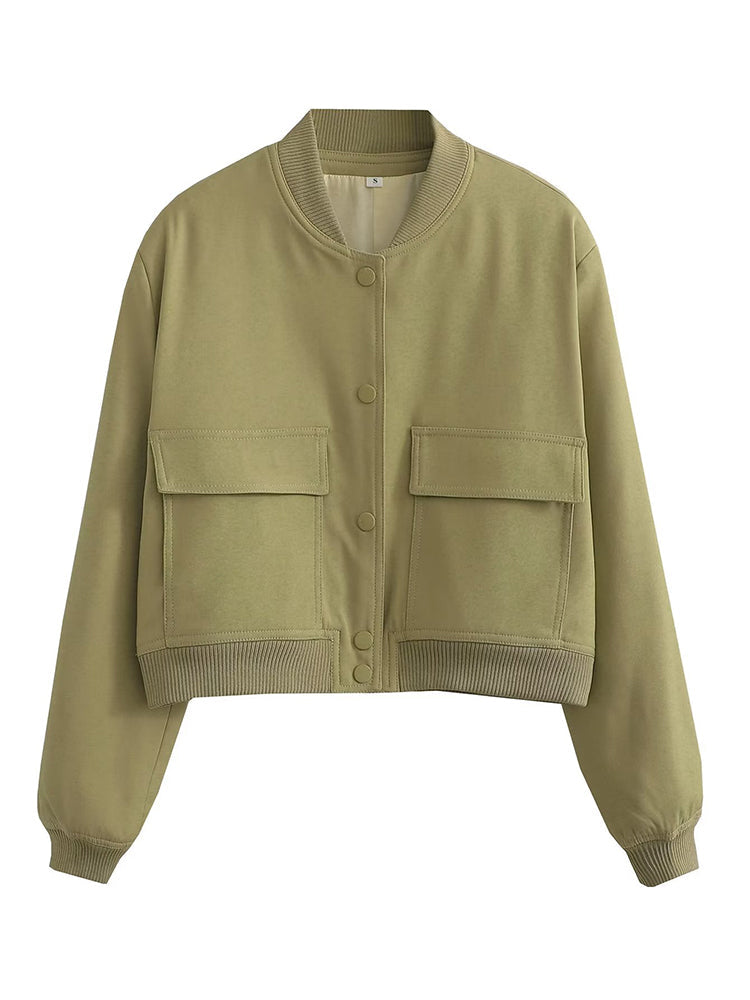 Chaqueta Bomber para Mujer | Cazadora Corta con Bolsillos de Solapa
