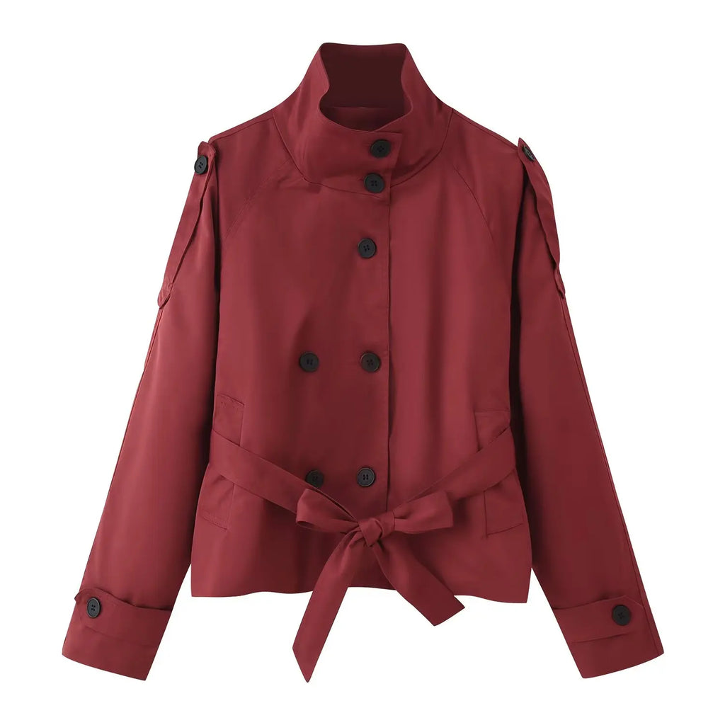 Gabardina Corta para Mujer | Trench Cruzado con Cuello Alto y Cinturón