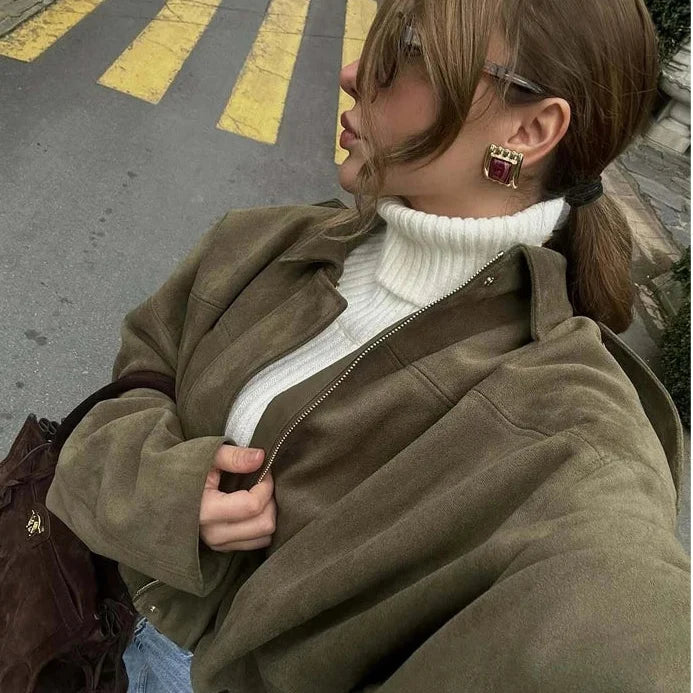 Chaqueta Bomber de Ante Sintético para Mujer | Oversize con Cuello Solapa