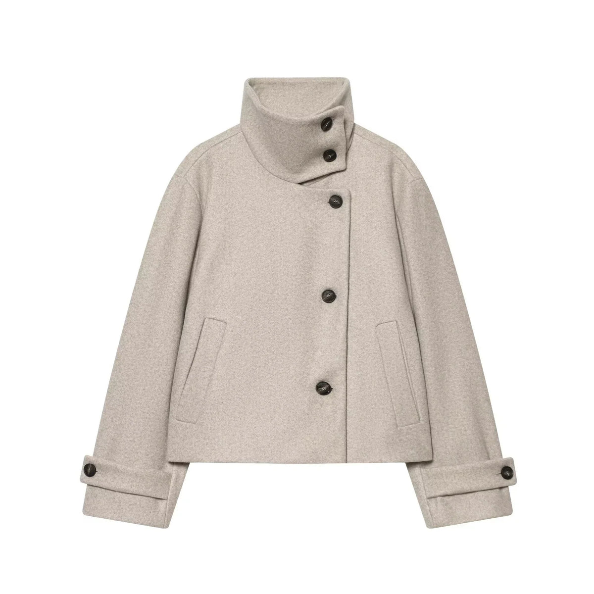 Abrigo Corto de Cuello Alto para Mujer | Chaquetón Efecto Paño con Botones Asimétricos