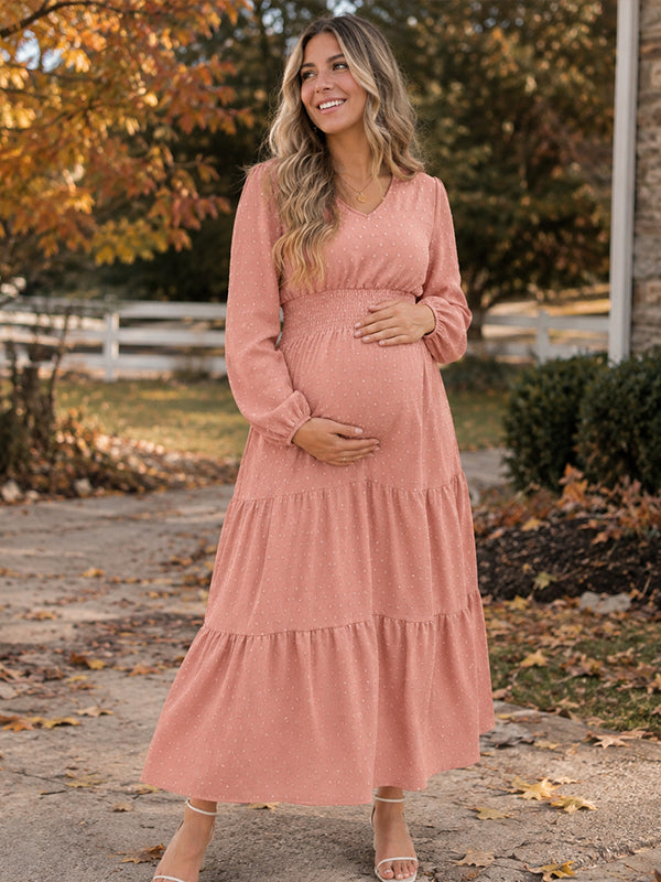 Vestido Premamá Midi Elegante con Volantes y Nido de Abeja para Sesión de Fotos