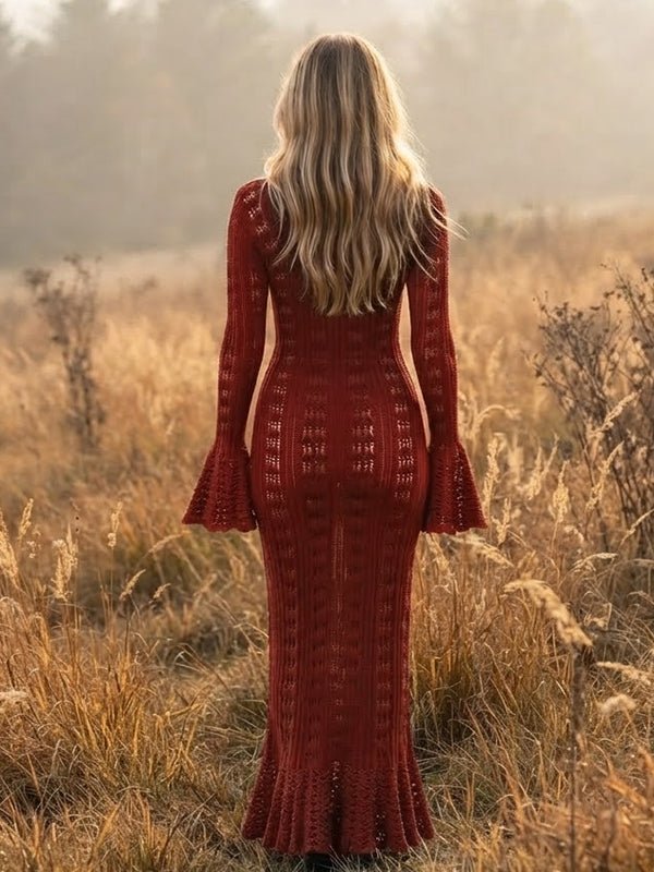 Vestido Premamá Maxi Rojo de Crochet con Volantes, Botones y Manga Acampanada