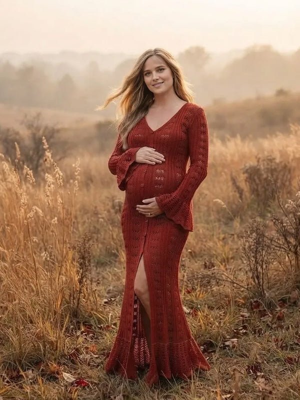 Vestido Premamá Maxi Rojo de Crochet con Volantes, Botones y Manga Acampanada