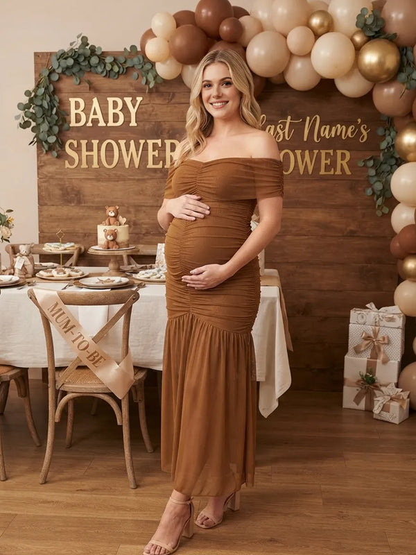 Vestido Premamá Marrón de Tul con Hombros Descubiertos y Volantes