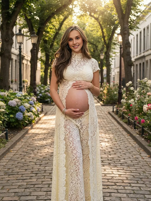 Conjunto Premamá Amarillo 2 en 1 de Encaje con Aberturas