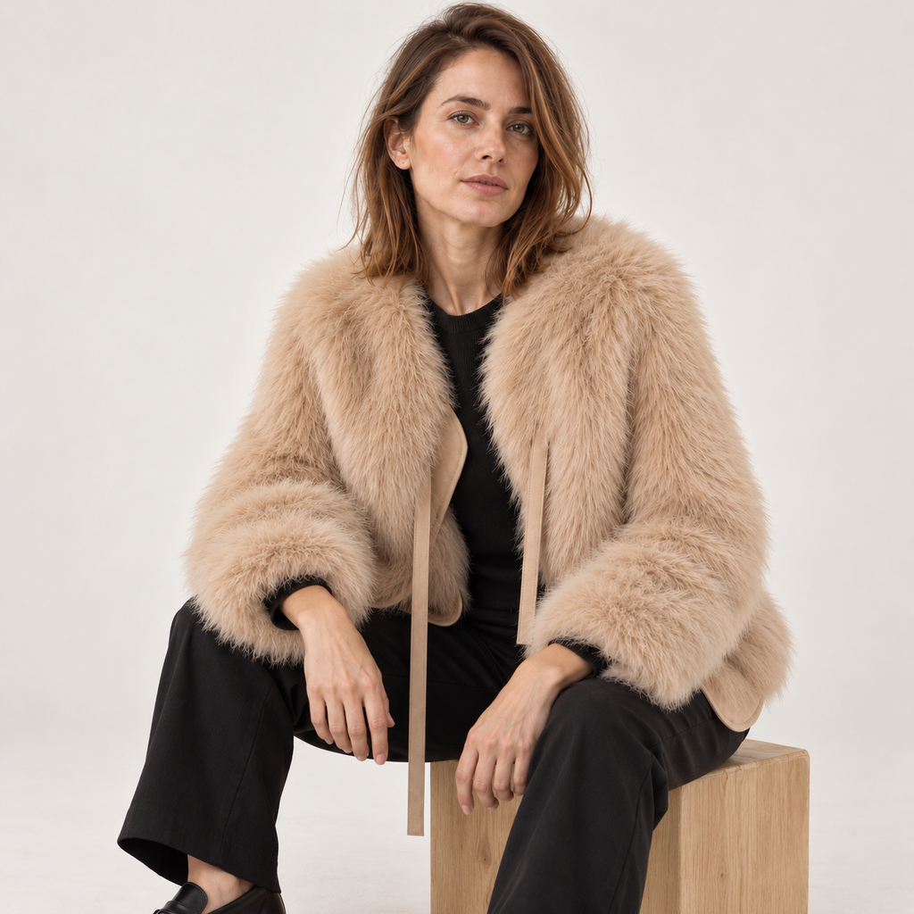 Abrigo de Pelo Sintético Corto para Mujer | Chaquetón Efecto Zorro con Cordón