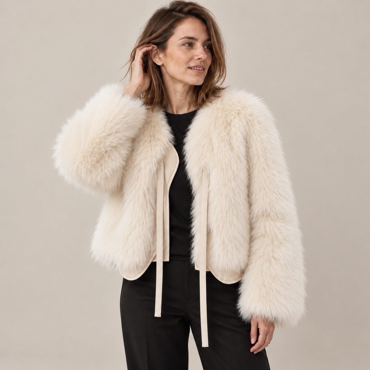Abrigo de Pelo Sintético Corto para Mujer | Chaquetón Efecto Zorro con Cordón