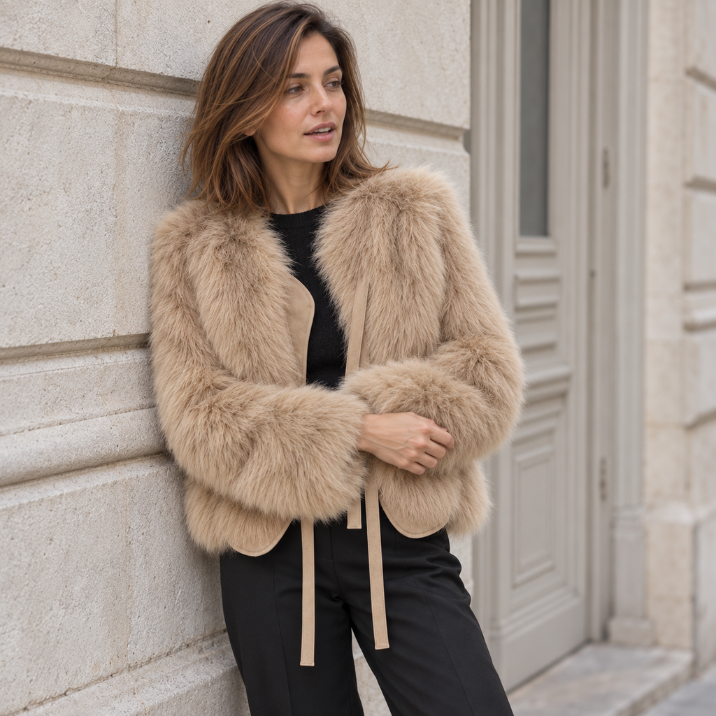 Abrigo de Pelo Sintético Corto para Mujer | Chaquetón Efecto Zorro con Cordón